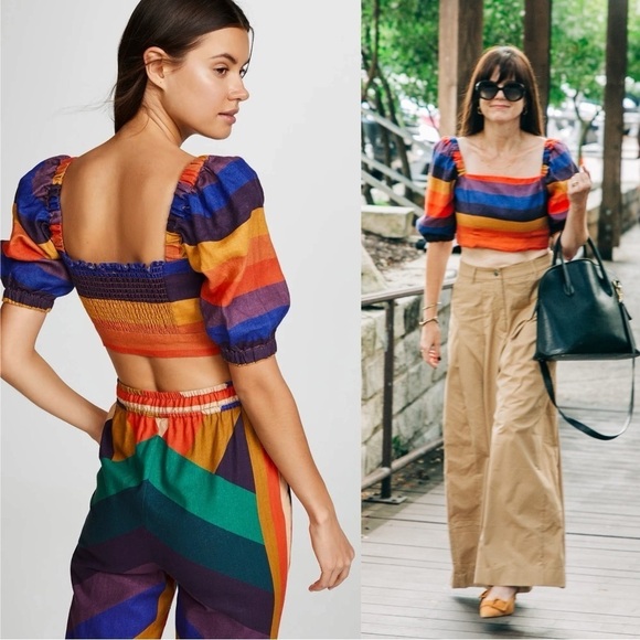 FARM RIO Linen Rainbow Striped Square Neck Smocked Puff Short Sleeve Crop Top XS - Picture 3 of 13